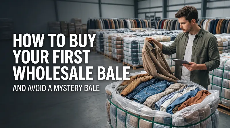 A strapped bale of clothing under a magnifying glass with a check mark, beside a walkthrough video and a payment-protection card