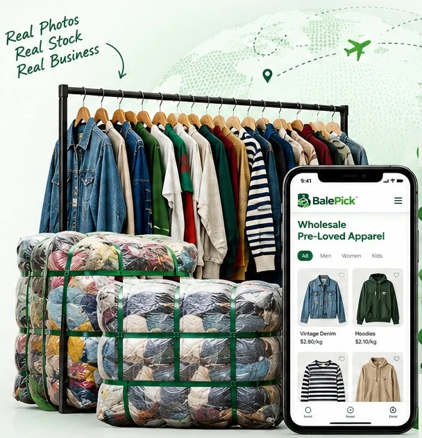 A rail of pre-loved jackets and shirts beside strapped wholesale bales, with BalePick open on a phone